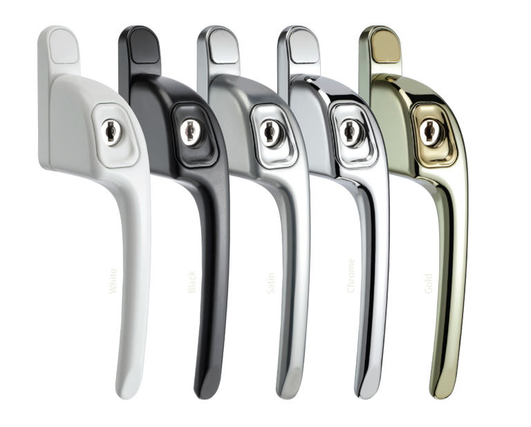 Range of casement window handle options including white, black, satin, chrome and gold