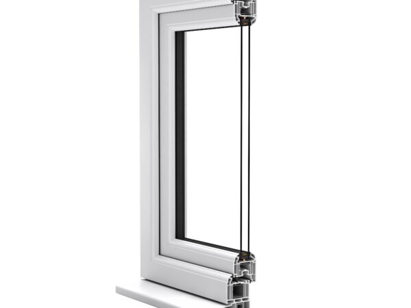 White uPVC tilt and turn window open in turn position showing full inward opening